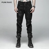 PUNK RAVE New Men's Punk Rock Broken Hole Net Black Long  Trouser