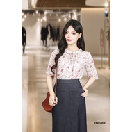 The One Fashion ADB2171HODO pink silk short-sleeved shirt with red flowers and bow tie