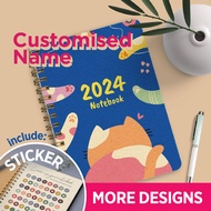 KOOBIQ A5 Notebook 2024 Planner Spiral Bind Sticker Customised Name Kraft Paper Student Exercise Book Christmas Gift