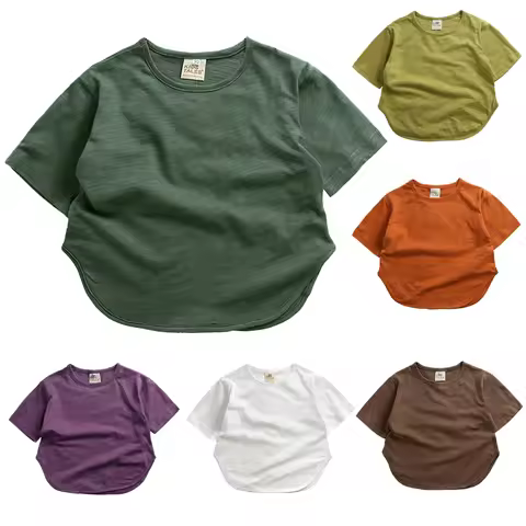 2026 Kids Summer T-shirt Solid Boys Girls Korea Outwear Breathable Clothes For 2-7T Loose Children C