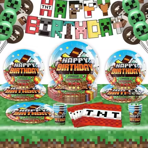 Minecraft Party Paper Plates, Pixel Wars Paper Plates, Paper Cups, Tablecloths, and Banners for Kids