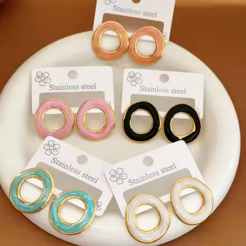 Candy-colored 18K Gold color Stainless Steel Colored Resin Drops Hollowed-out Circular Stud Earrings