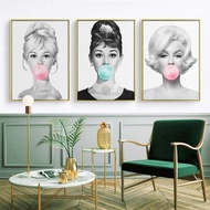 3 Pieces Audrey Hepburn Bubble Gum Canvas Wall Art Fashion Poster Brigitte Bardot & Marilyn Monroe P