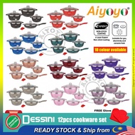 DESSINI 12PCS Cookware Set Periuk DESSINI ITALY Granite Aluminium Non Stick Casserole Pot Wheat Rice