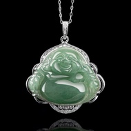 Hijau minyak giok Burma semula jadi Buddha Maitreya Buddha aksesori gantung 925 kalung bertatahkan p