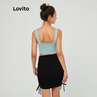 (Trendy) Lovito Trendy Tank Top Solid Navel Shoulder Strap Square Tank Crop Tops Sando for Women L03