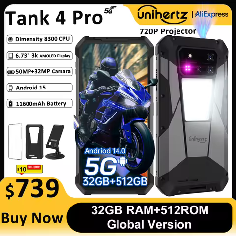 Unihertz Tank 4 pro 8849 Smartphone Android 14 with 720P Projector 5G AI Dimensity 8300 1TB ROM 3K A