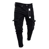 Long Stretchy-Black Biker Men Pants Skinny Destroyed Ripped Denim Pants Jeans Trousers