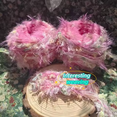 100g Peach Pink Custard Yellow Gradient Fluffy Hand-mixed Yarn, Imitation Mohair Long-haired Yarn, H