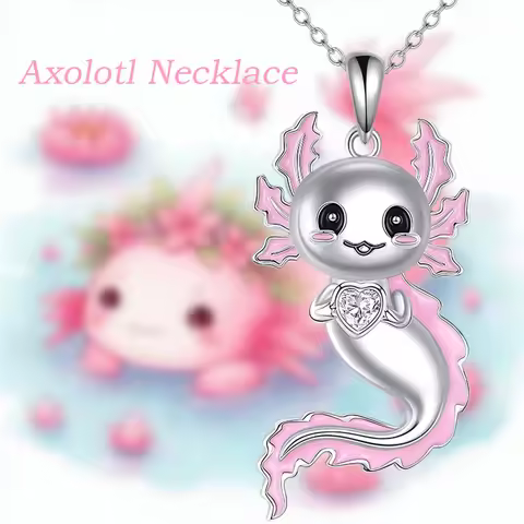 1Pc Cute Pink Ear Axolotl Artificial Crystal Necklace for Women Exquisite Pet Axolotl Jewelry Women'
