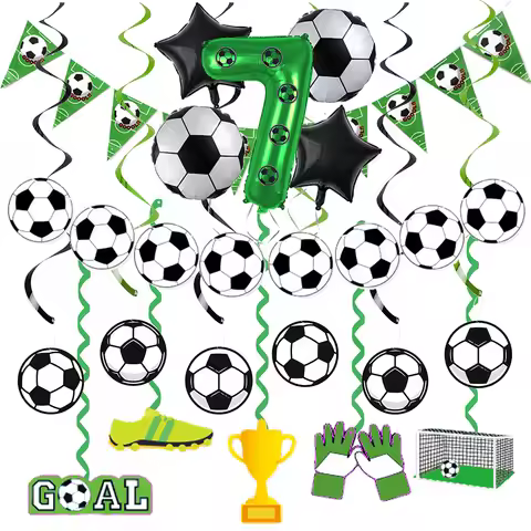 Soccer Party Decor Soccer Hanging Swirl Happy Birthday Banner Number 7 Balloon Set Kid Boy 7th Birth