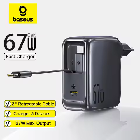 Baseus 67W 100W Fast Charger GaN Charger USB C Retractable Cable Phone Charger For iPhone Samsung La