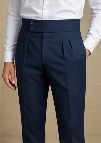 Navy Blue Men’s High Waisted Pleated Dress Pants Gurkha Style Trousers Double Button Waist Formal Pa