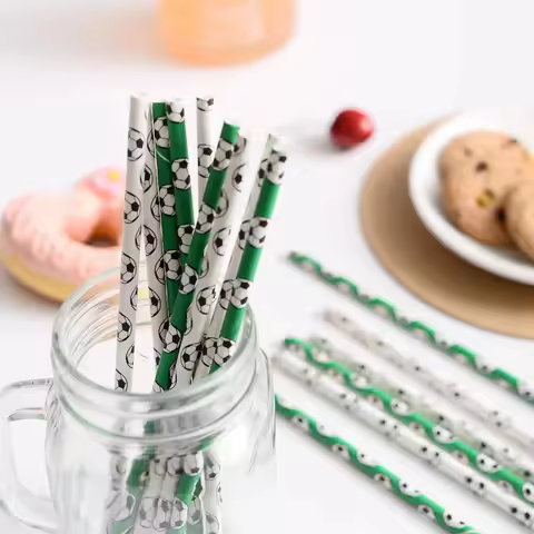 25PCS /50pcsFootball Birthday Disposable Set Football Paper Straw Tableware Boys Happy Soccer Birthd