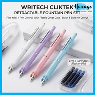 [HUANYO] Writech Clictek Retractable Fountain Pen Set - Fine Nib with 5 Ink Cartridges (Black/Blue I