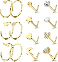 LOLIAS Hypoallergenic 14K Gold Filled Nose Rings Studs 20G 316L Surgical Steel Nose Ring Gold L Shap