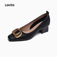 Lovito Elegant Heels Commute Metal Buckle All Seasons Black Heels for Women LFA86028 Lovito Sepasang