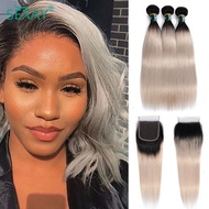 1b Grey 613 Pink Straight Bundles With Closure 2 Tone Color Human Hair Weave Ombre Bundles With 4x4 