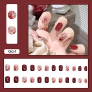 Reusable 24PCS Elegant Women Wine Red Rose Fake Nails Press on French Artificial Stick-on Nails Tips