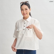 AT Huv เสื้อเชิ้ต อก 42 ยาว 22 เสื้อแขนสั้น เสื้อผ้าลินิน แท้ 100% เส้นใยธรรมชาติ พิมพ์ลาย แบรนด์ AT