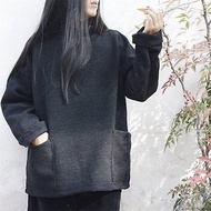 黑色 中性冬季長袖漁夫罩衣 義大利黑灰立體暗條紋肌理羊毛