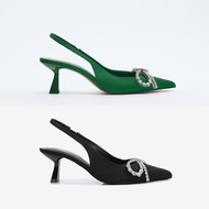 Zara2023 Autumn New Product Women's Shoes Green Bright Bow Rhinestone Jewelry Open Heel High Heel Sandals Mules