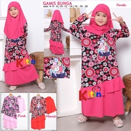 OP - GAMIS ANAK PRINTING SET HIJAB 2-9 TAHUN/ BAJU MUSLIM NGAJI ANAK PEREMPUAN MOTIF BUNGA APLIKASI 