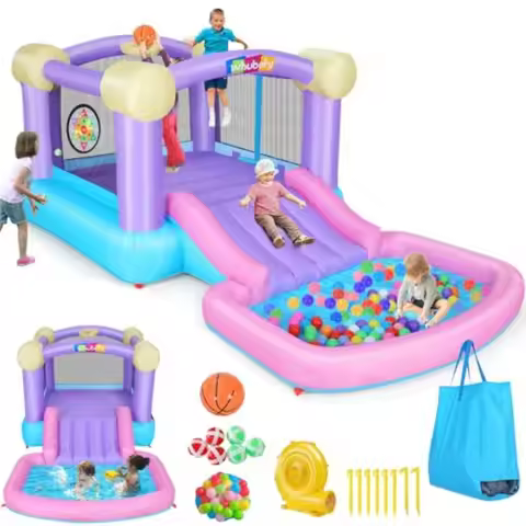 Inflatable Pink Bounce House for 28 with Ball Pit 161x82x63 AllinONE Jump and Slide Water Park w 50 