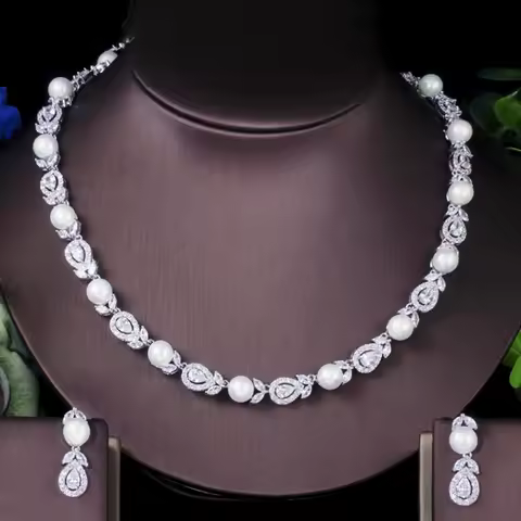 ThreeGraces Elegant White CZ Stone Wedding Brides Big Choker Pearl Necklace and Earrings Negerian Co