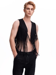 WDIRARA Men's Open Front Sleeveless Fringe Hem Party Club Jacket Vest Outerwear