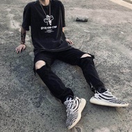 Mens Casual Skinny กางเกงยีนส์กางเกงผู้ชายกางเกงยีนส์ ripped Black Street Hip Hop ในเข่า DENIM กางเก
