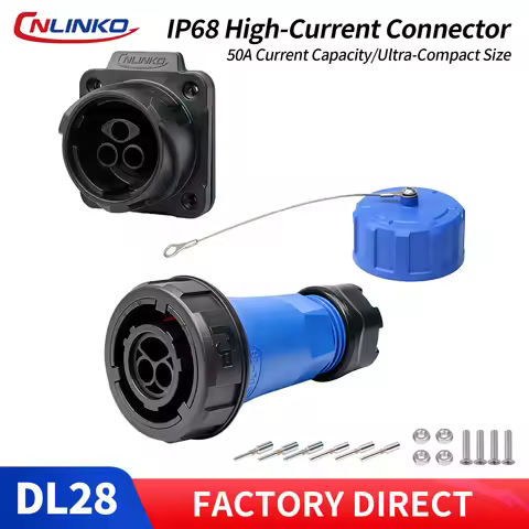 CNLINKO M28 IP68 Circular Industrial Connector 2Pin 50A Plug Socket Crimp Type PBT Housing for Power