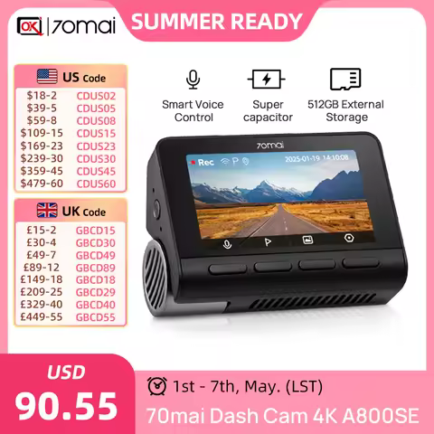 70mai 4K A800SE Dash Cam UHD 30fps HDR Support Dual-Channel 24H Parking HDR Supercapacitor Wifi 6 Vo