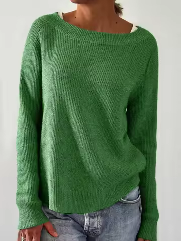 Women's Oversized Green Ribbed Boat Neck Knit Sweater Casual Pullover Comfortable Fit Sweater