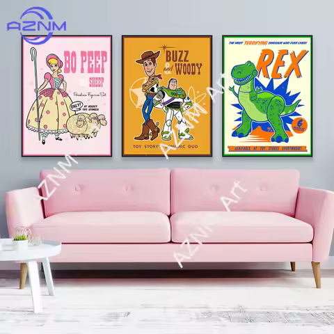 Buzz Lightyear Woody Movie Poster Minimalist Vintage Disney Movie Poster Prints Cartoon Kids Canvas 