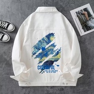 Korea 【Ready Stock】 jaket jeans lelaki bomber jacket men Graffiti Van Gogh series coat new standard fashion autumn long sleeve denim men's tide wear lapel COD