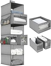 Hanging Closet Organizer 6 Tier Hanging Shelves for Closet Organizers and Storage System with 3 Removable Drawers &amp; 4 Side Pockets for Wardrobe, Baby Clothes Organization and Storage, Foldable,Grey