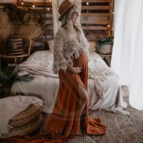 Don&Judy Boho Style Maternity Photoshooting Dress Baby Shower Maxi Dresses Pregnant Woman Photo Prop