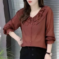 เสื้อแขนสั้นชีฟองแขนพองสำหรับผู้หญิงผ้าระบายขอบกลวงหวานทันสมัย