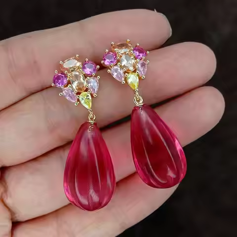 KKGEM 14x23mm Red Quartz Teardrop Cz Pave Stud Dangle Earrings