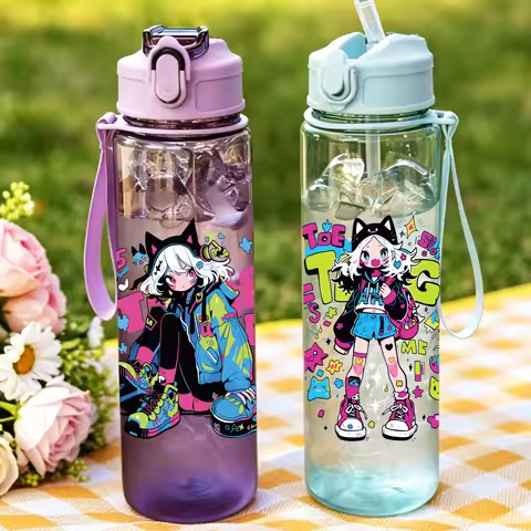 1 Piece 750ml (26 fl oz) Cartoon Anime Girl Printed Straw Cup, Summer Water Bottle, BPA Free, Portab