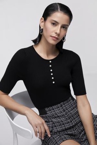 G2000 - 女士 彷珍珠鈕扣設計棉質短袖針織衫(黑色)