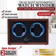2-Slot Automatic Watch Winder with Smart Wood Exterior LED Light and No Cover Watch Display