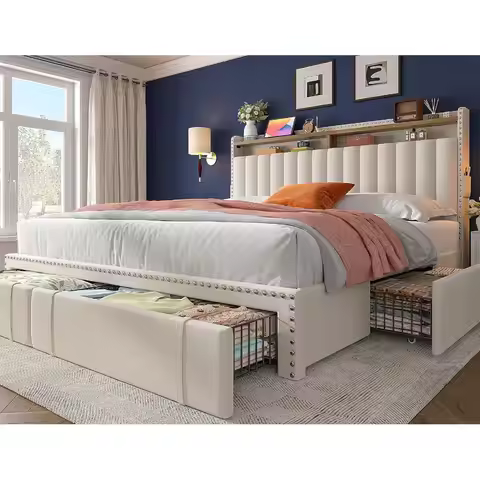 EnHomee King Size Bed e, Upholstered King Bed e with 4 Storage Ders & 2-Tier board Shelves, 1200LBS 