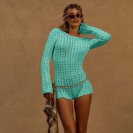 Crochet Knit Fitted Playsuit Ibiza Outfit, สำหรับวันหยุด, ฤดูใบไม้ผลิ, ฤดูร้อน, วันหยุดพักผ่อน, ชายห