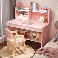 Kids Study Desk and Chair Set, Wooden Children School Study Table with Storage Cabinets Hutch, Writing Table Computer Office Desk with Drawer and Book Shelf (Pink 80cm Desk and Chair)