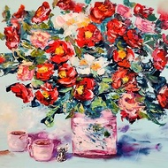 Red White Roses Coffee Candy Oil Painting Impasto Original Artist Svinar Oksana