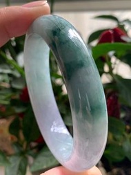 清貨#53正圈 緬甸天然翡翠A貨 紫底飄綠花翡翠玉手鐲 適合52-54手佩戴