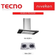 TECNO KA 9228 Chimney Cooker Hood with LED Lights + Tecno Mini 2SV (70cm) 2-Burner Stainless Steel Cooker Hob