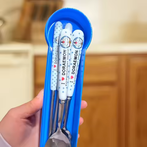 Kawaii Doraemon Stainless Steel Spoon Fork Chopsticks Set Anime Cutlery Portable School Lunch Box Ut